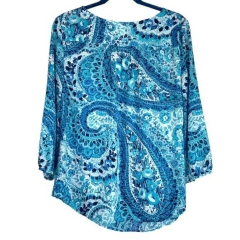 Talbots Blue Paisley Boho Blouse 3/4 Sleeves - Picture 4 of 4